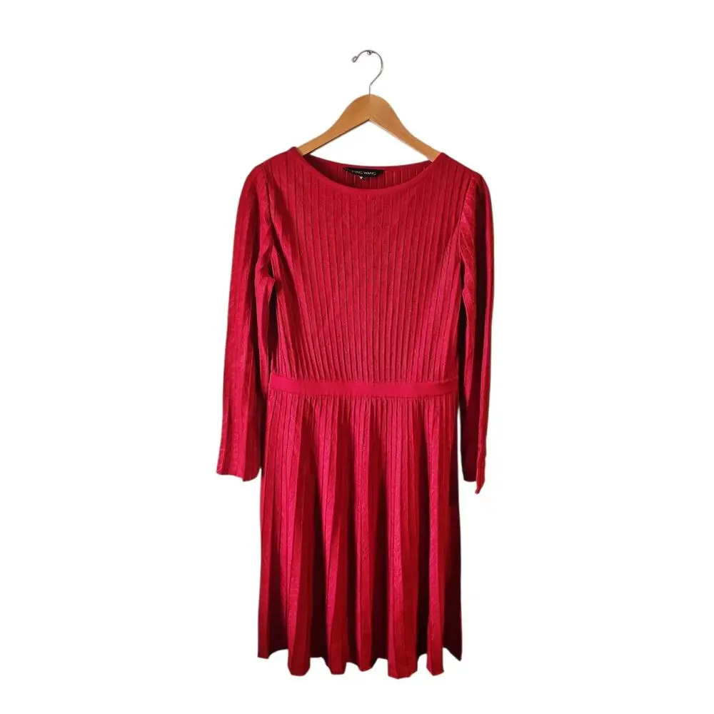 Ming Wang Fit-N-Flare Tonal Stitch Knit midi Dress red sz small $275